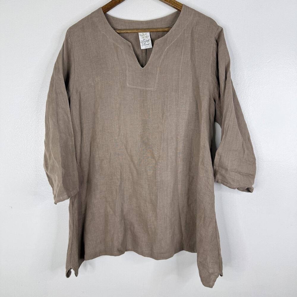 Match Point Top Blouse M Beige 100% Linen V Neck Tunic 3/4 Sleeve USA Womens